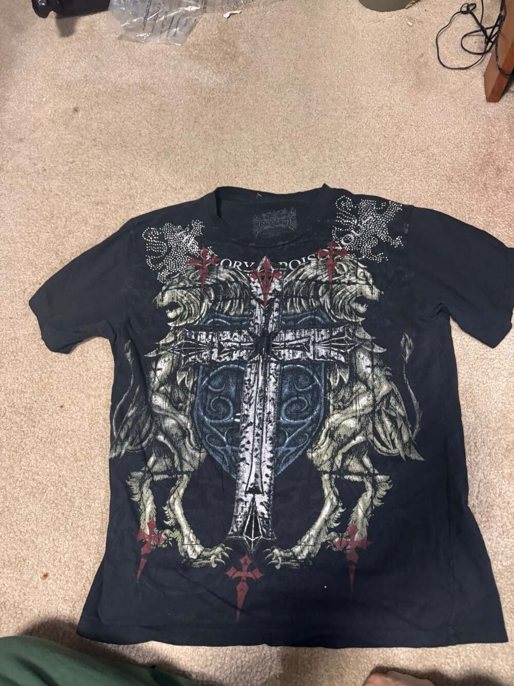 Archaic by Affliction Men's Lion Cross Shield Rhinestone Wing Graphic T-Shirt